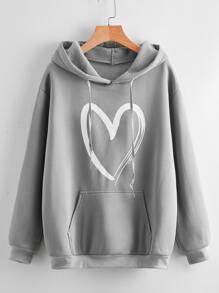 SHEIN Unity Heart Print Kangaroo Pocket Drawstring Hoodie - Light Grey - View 1