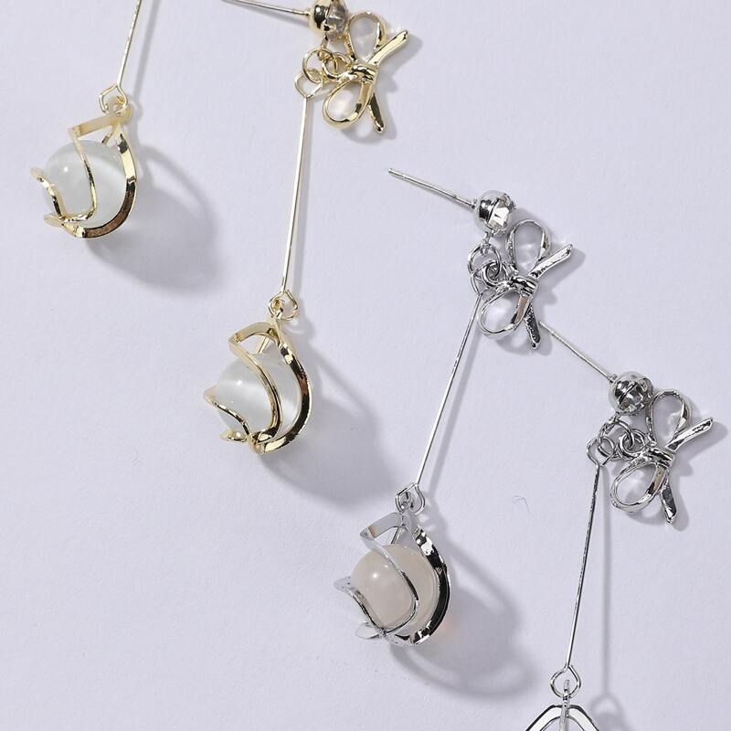

2pairs Opal & Bow Decor Drop Earrings, Multicolor