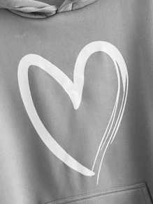 SHEIN Unity Heart Print Kangaroo Pocket Drawstring Hoodie - Light Grey - View 4