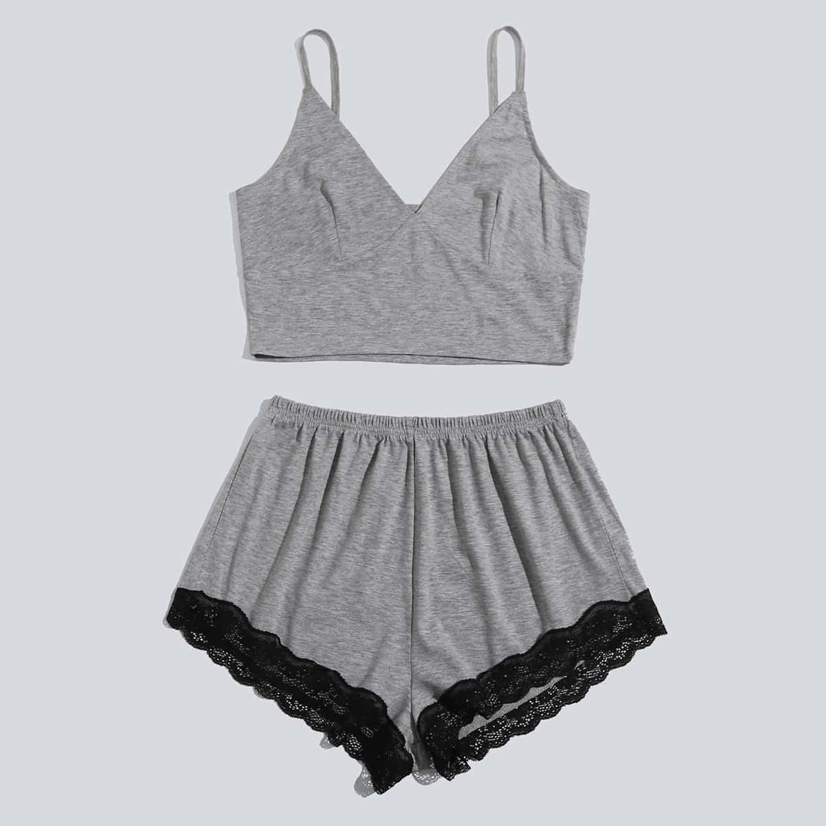 

Lace Insert Shorts PJ Set, Grey