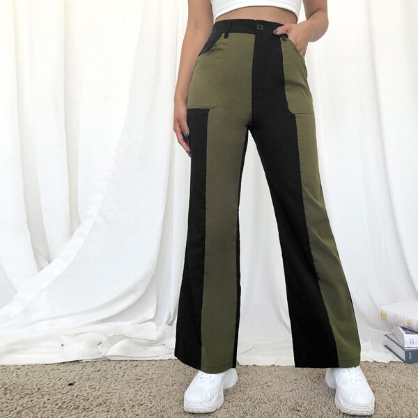 

Zipper Fly Two Tone Wide Leg Pants, Army green