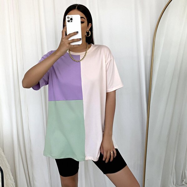 

Drop Shoulder Color Block Longline Tee, Multicolor