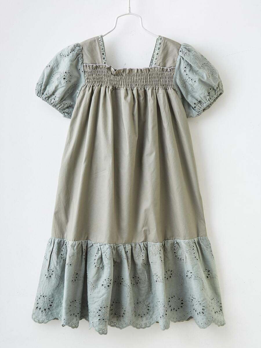 女孩棉布燒花面荷葉邊下擺娃娃洋裝 - 薄荷綠 - 查看 1