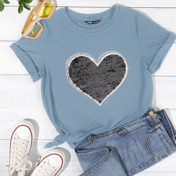 

Sequin Heart Detail Tee, Dusty blue