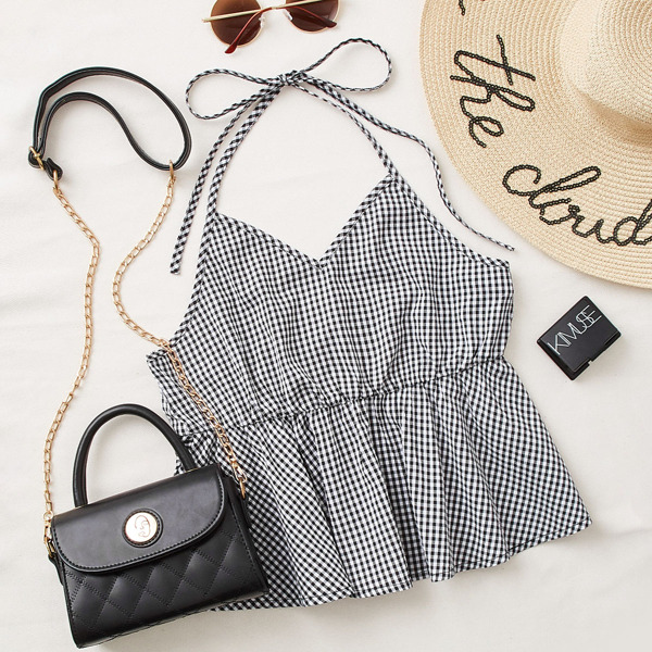 

Gingham Print Ruffle Hem Crop Halter Top, Black and white