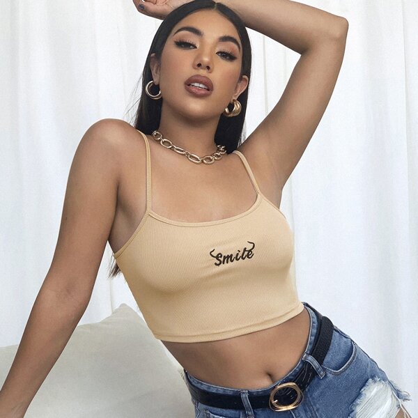 

Letter Embroidery Cami Crop Top, Apricot