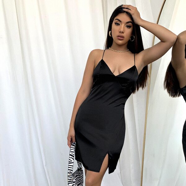 

Split Side Slim Cami Dress, Black