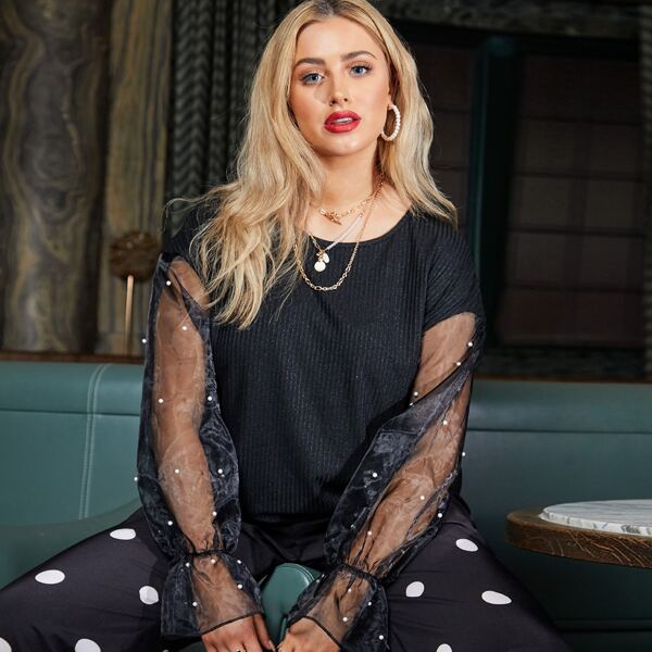 

Plus Contrast Mesh Flounce Sleeve Pearls Detail Top, Black