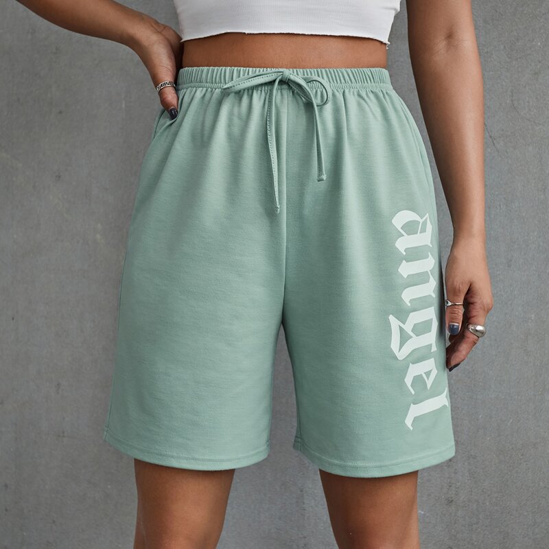 

Letter Graphic Knot Waist Track Shorts, Mint green