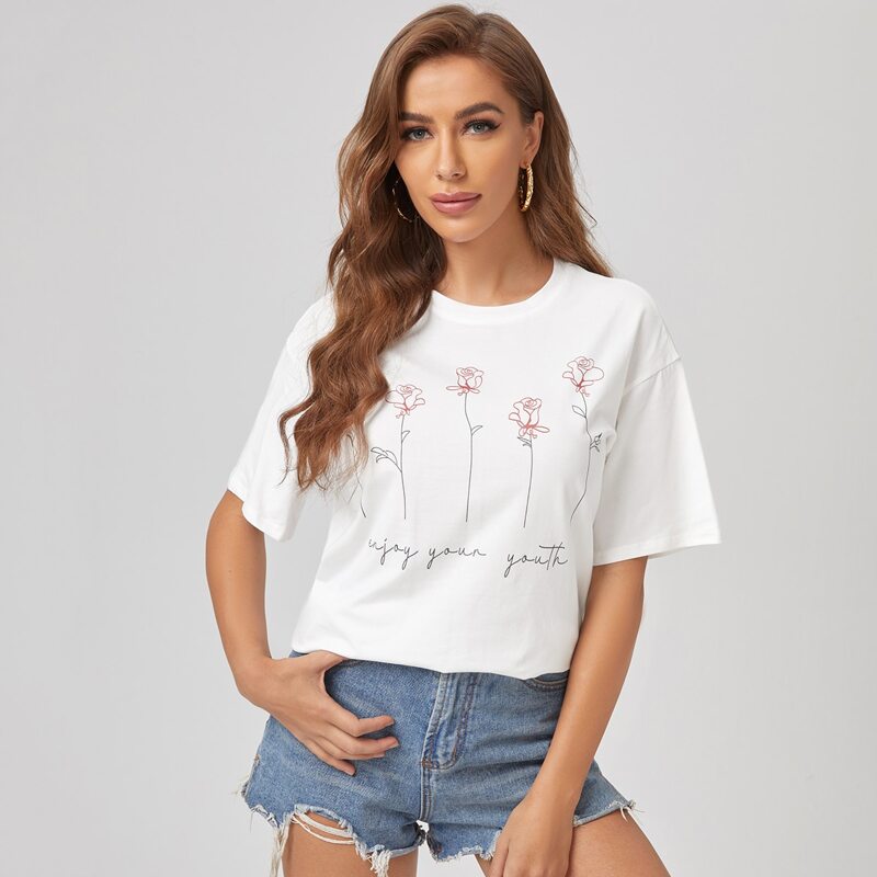 

Floral Print Round Neck Tee, White