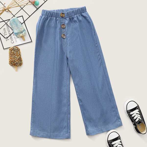 

Toddler Girls Button Front Wide Leg Jeans, Medium wash