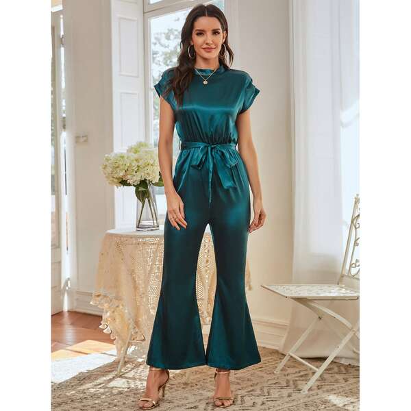 

Satin Self Tie Flare Leg Jumpsuit, Teal blue