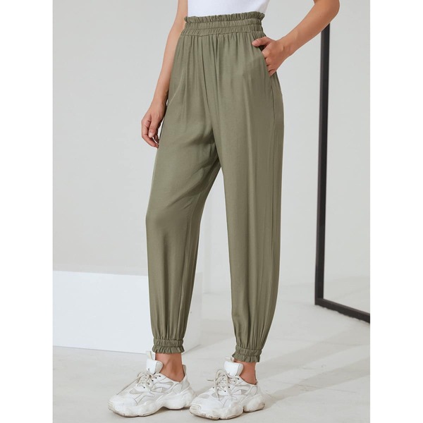 

Solid Paperbag Waist Carrot Pants, Army green