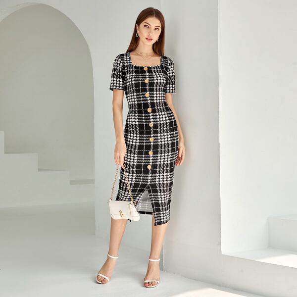 

Plaid Button Front Split Bodycon Dress, Black and white