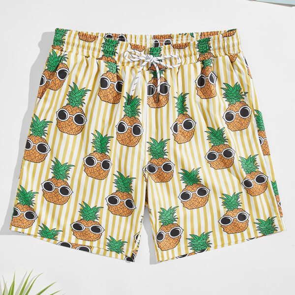 

Men Pineapple And Striped Swim Trunks, Multicolor