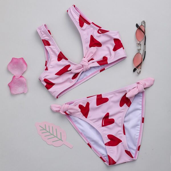 

Toddler Girls Heart Print Knot Front Bikini Swimsuit, Pink