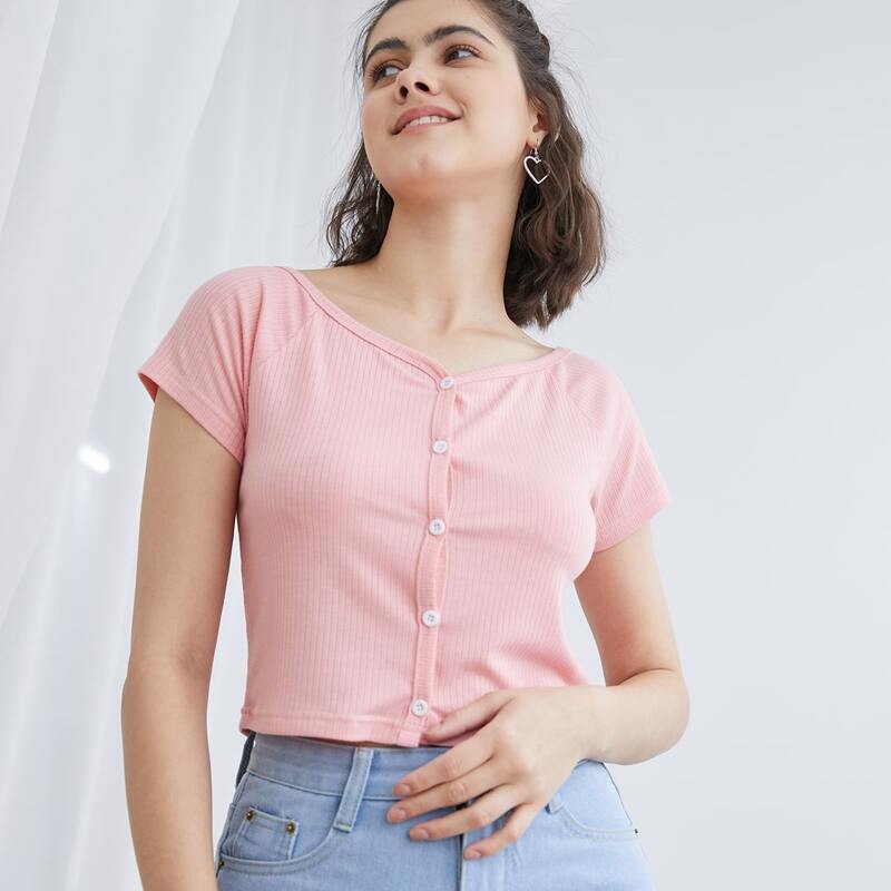 

Button Front Ribbed Tee, Baby pink