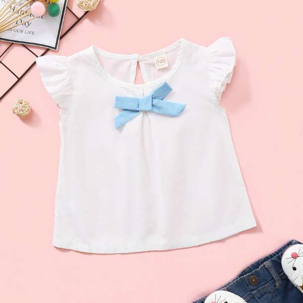 

Toddler Girls Ruffle Sleeve Bow Front Blouse, White