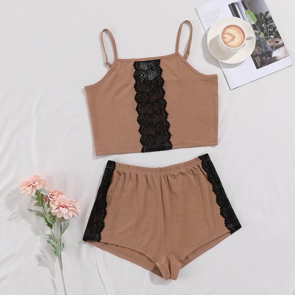 

Contrast Lace Cami Pajama Set, Apricot