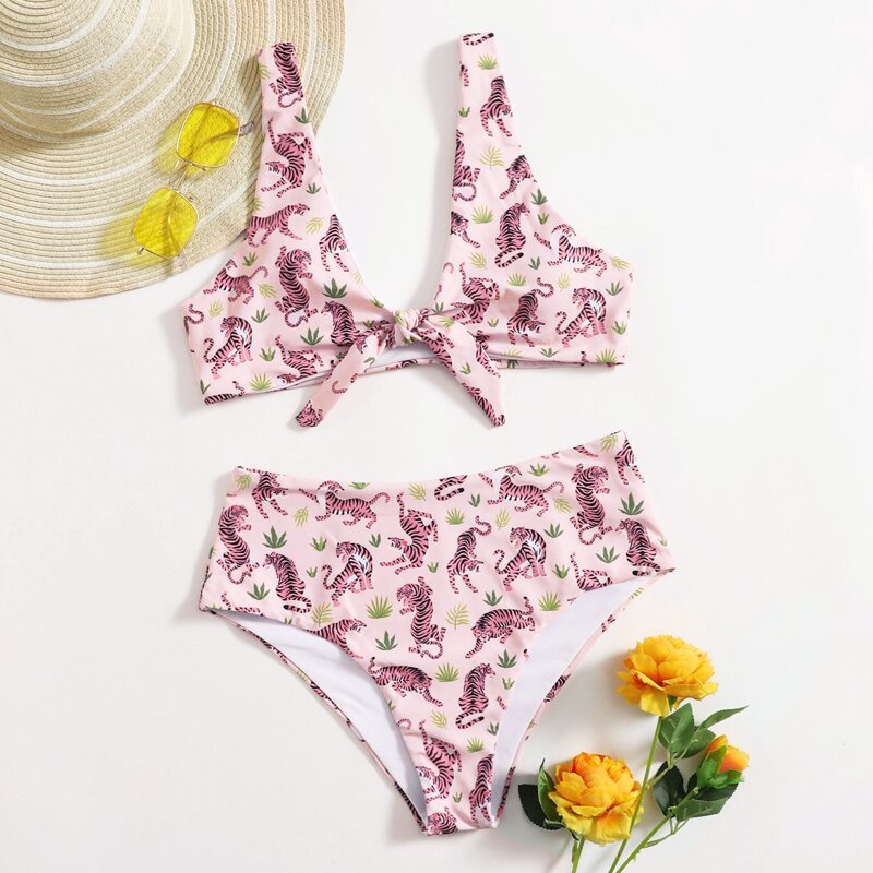 

Tiger Print Knot Bikini Swimsuit, Multicolor