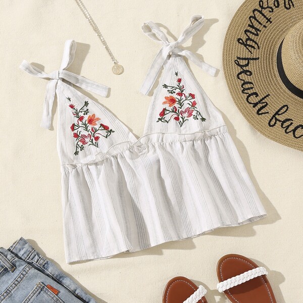 

Embroidery Detail Knot Shoulder Tankini Top, White