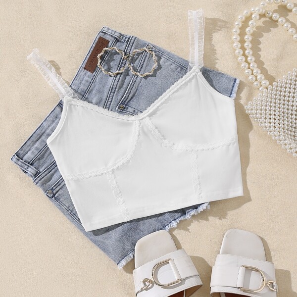 

Mesh Shoulder Straps Cami Top, White