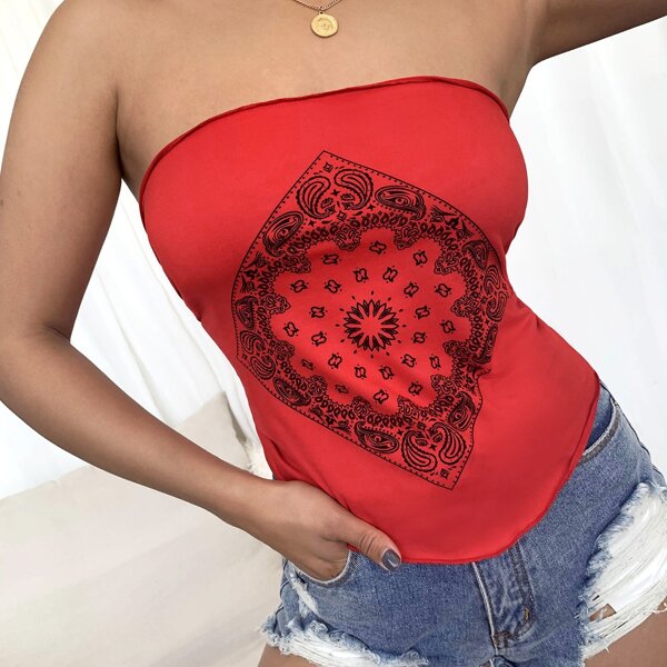 

Tie Back Paisley Print Tube Bandana Top, Red