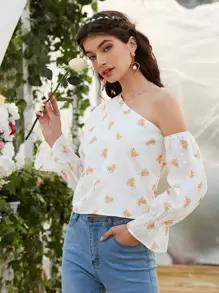 SHEIN Unity Asymmetric Neck Floral Print Blouse