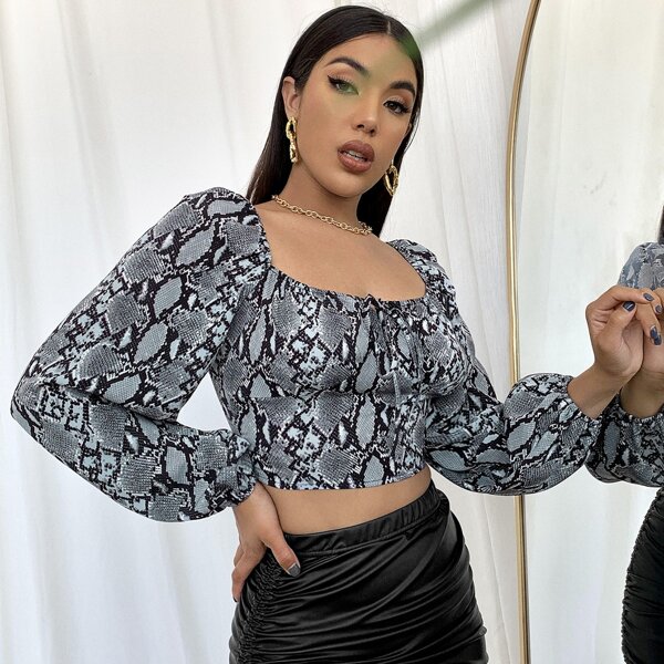 

Snakeskin Print Tie Front Lantern Sleeve Crop Top, Multicolor