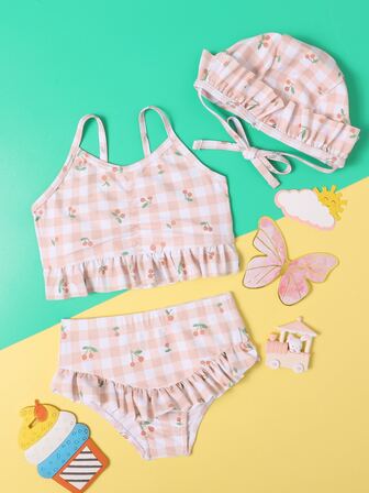 ملابس شاطئ وقبعة للبنات على شكل كرز وخطوط منقوشة للصيف