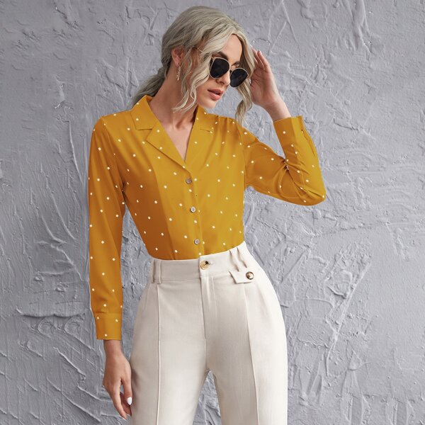 

Polka Dot Button Front Blouse, Yellow