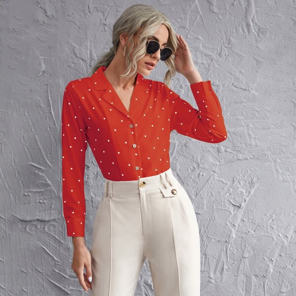 

Polka Dot Button Front Blouse, Red