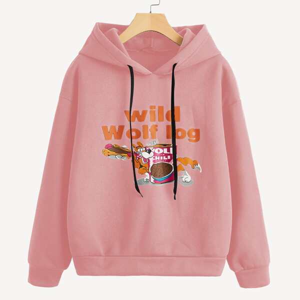 

Letter and Cartoon Graphic Hoodie, Dusty pink