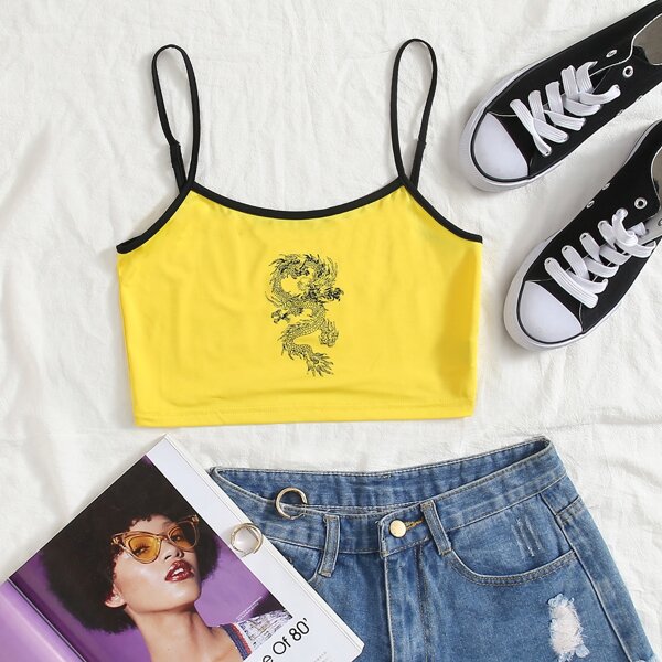 

Dragon Print Contrast Binding Cami Crop Top, Yellow bright
