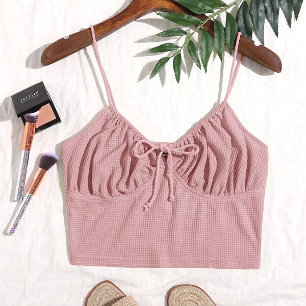 

Tie Front Ruched Bust Waffle Knit Cami Crop Top, Dusty pink