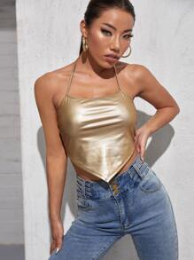 SHEIN Tie Back Leather Look Bandana Halter Top - Gold - View 1