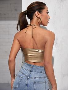 SHEIN Tie Back Leather Look Bandana Halter Top - Gold - View 2