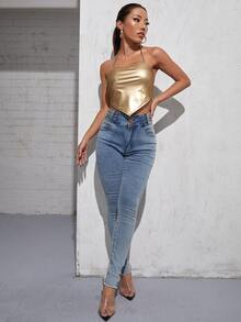 SHEIN Tie Back Leather Look Bandana Halter Top - Gold - View 3