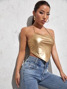 SHEIN Tie Back Leather Look Bandana Halter Top - Gold - View 5