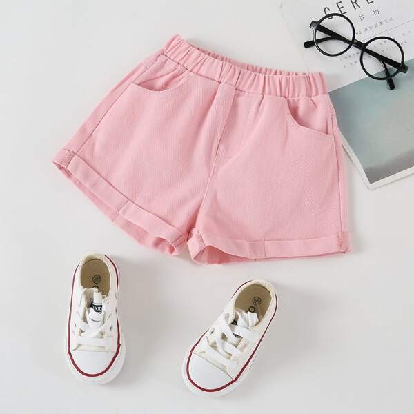 

Toddler Girls Slant Pocket Solid Denim Shorts, Coral pink