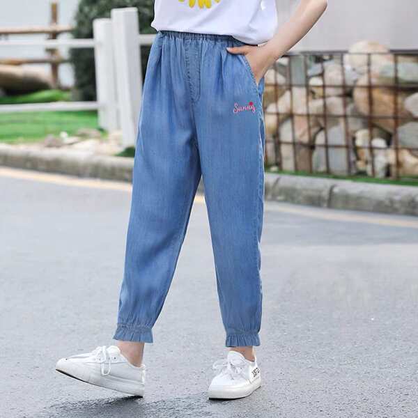 

Girls Elastic Waist Letter & Heart Embroidery Frill Hem Pants, Blue