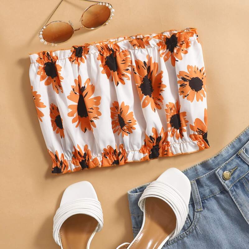 

All Over Floral Print Frill Trim Crop Tube Top, Multicolor