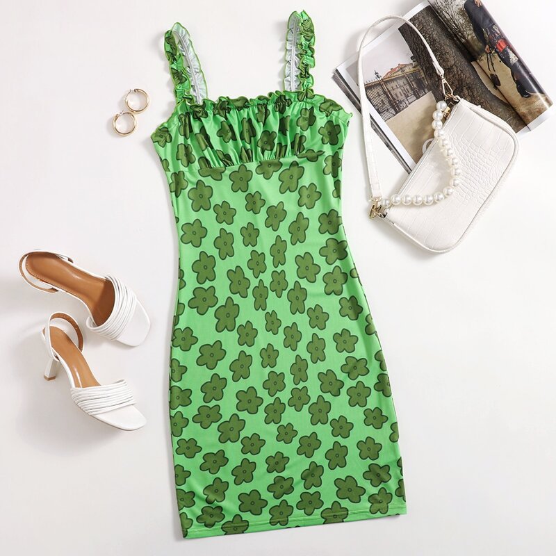 

Flower Print Ruffle Straps Dress, Green