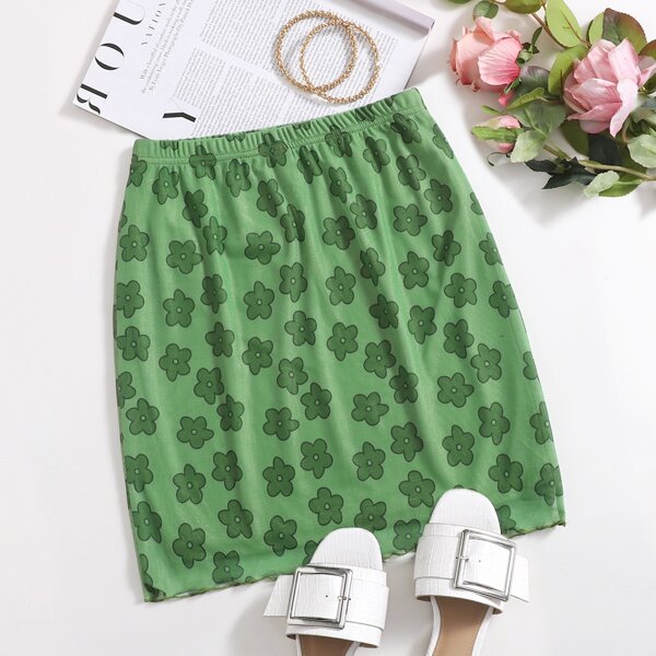 

Flower Print Elastic Waist Skirt, Green