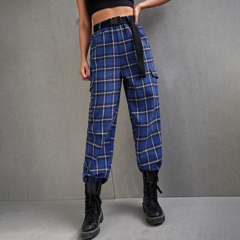 

Plaid Belted Flap Pocket Cargo Pants, Royal blue
