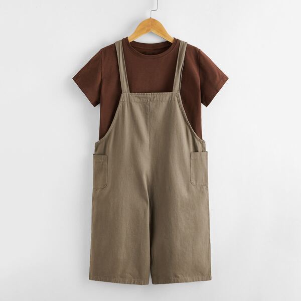 

Girls Solid Tee & Dual Pocket Overall Jumpsuit, Brown
