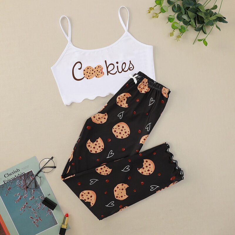 

Cookies & Letter Graphic Lettuce Trim Cami PJ Set, Black and white