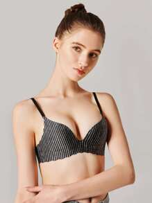 FINETOO Striped Scallop Trim Wireless Bra - Multicolor - View 1