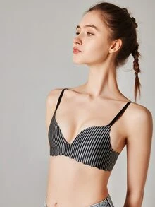 FINETOO Striped Scallop Trim Wireless Bra - Multicolor - View 4