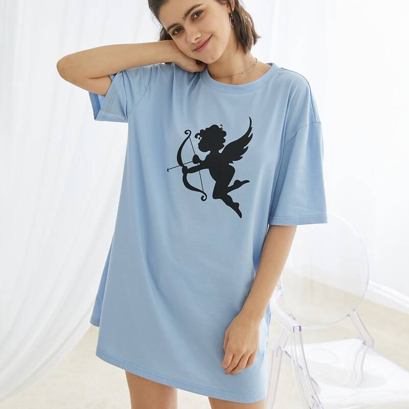 

Angel Print Tee Dress, Dusty blue